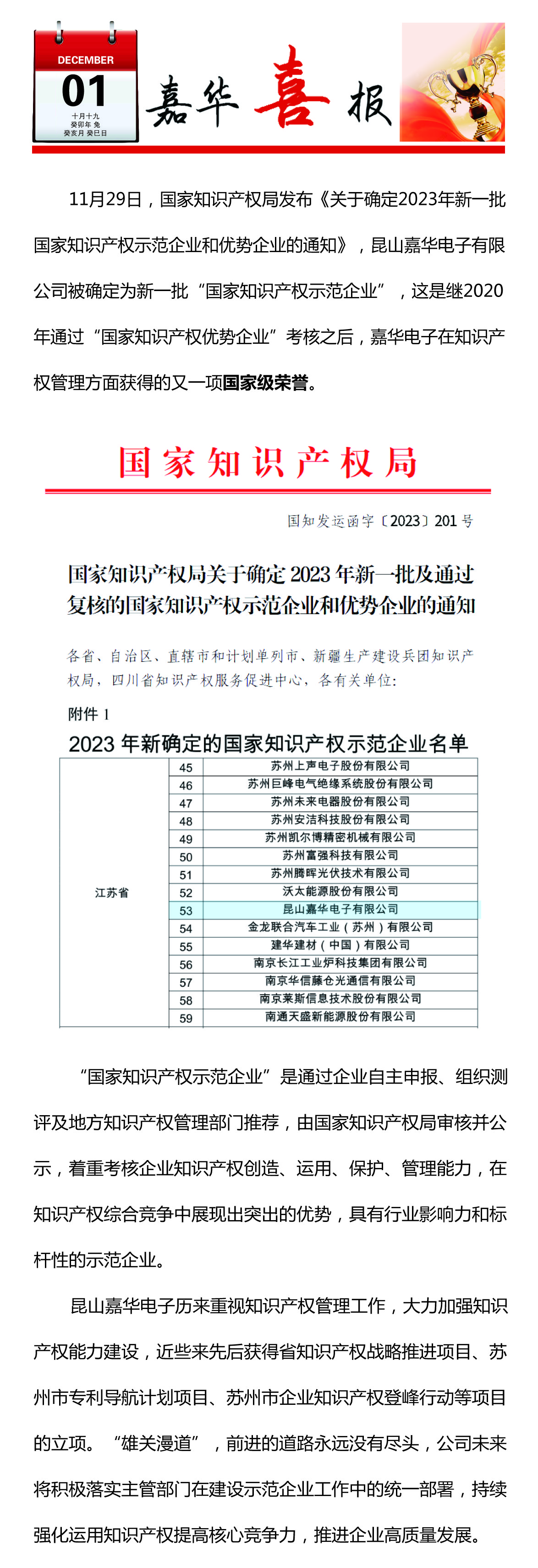 昆山嘉華電子有限公司榮獲國家知識(shí)產(chǎn)權(quán)示范企業(yè)確定